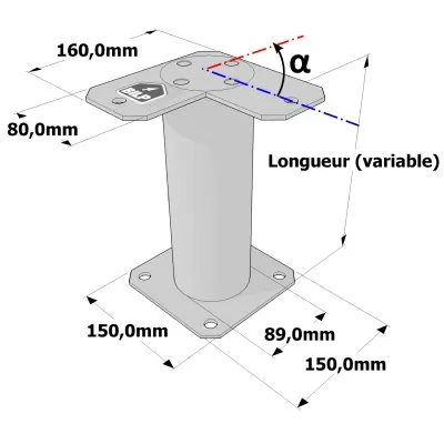 Poteau structurel OSP - D89mm - Platine haute en angle 80x160mm - Embase 150x150mm
