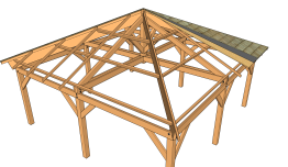 Préau NANTE en pavillon avec toiture en bardeau de bois - vue éclatée