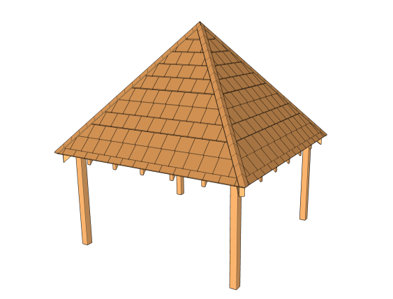 Préau NANTE en pavillon avec toiture en bardeau de bois